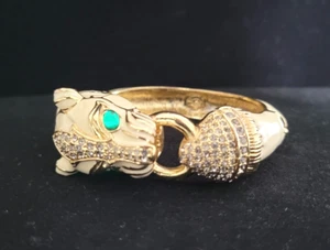 VTG Ciner style Jaguar Ivory Panther Head Green Rhinestones Enamel Bracelet - Picture 1 of 14