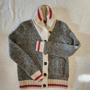 Roots Cabin W XS Classic Button Grey/White/Red Shawl Collar Raglan Cardigan A276 - Picture 1 of 10