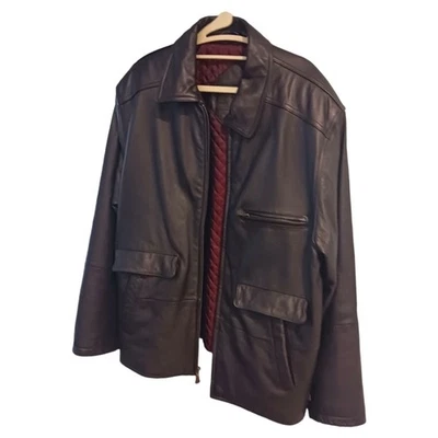 Size Large Roundtree & Yorke Mens Leather Jacket Zip Up Brown Lined Quilted - Image 1 of 4