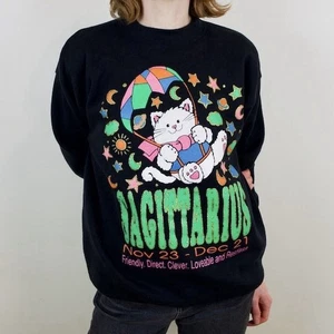 Felpa Sagittario vintage anni 90 gatto astrologia zodiaco maglione nero pullover - Foto 1 di 6