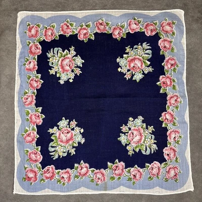 Vintage Floral Handkerchief Hanky Hankie 12.5” X 13.5” blue pink green - Image 1 of 4