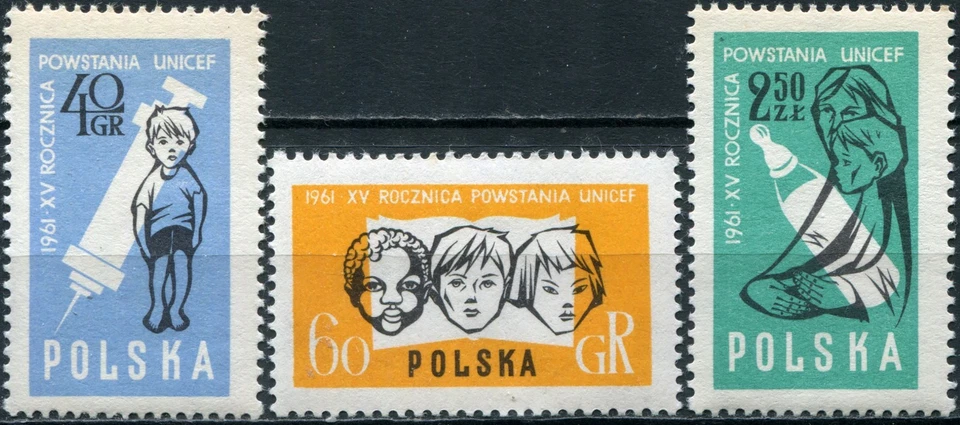 Polonia 1961. Juego de 3 sellos del 15 aniversario de UNICEF (MNH OG**) Foto 1 de 1