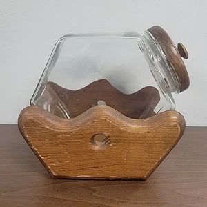 Vintage Large Glass Cookie Jar Canister W/Wood Lid In Wooden Stand - Picture 1 of 9