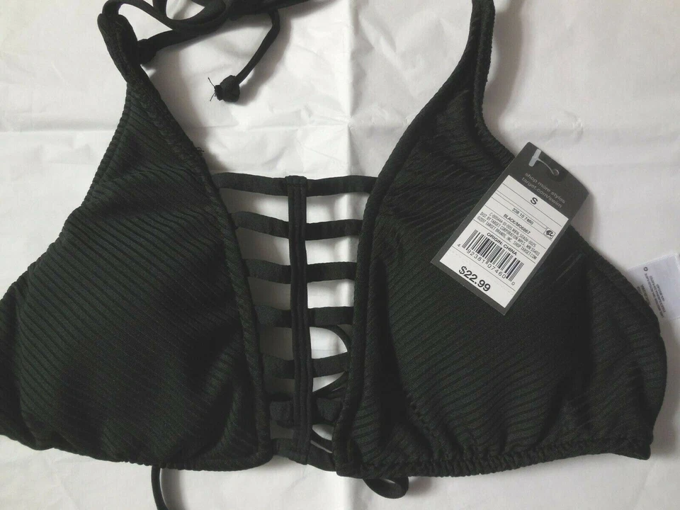 Mossimo Black Strappy Halter Tie Bikini Top Breast Pads Mesh Black Lace S