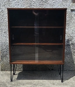 1970s Mid Century Wood Cabinet With Glass Sliding Doors and Hairpin Legs - Picture 1 of 15