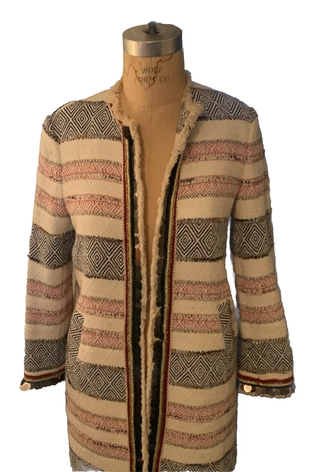 Zara Blue Red & White Fringe Embellished Blazer Long Jacket Textured Boho Small - Image 1 of 4