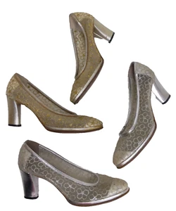 (2) FELIPE 6 AA Heels Vtg 60s Metallic Embroidered Flower Silver & Gold Vtg 70s - Picture 1 of 8