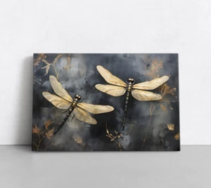 Modern Wall Art, Gold Dragonflies Framed Canvas Print Elegant Living Room Decor - Picture 1 of 9