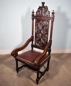 French Antique Highly Carved Chestnut Gothic Throne Chair with Leather Seat - Picture 1 of 17