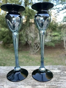 2 Correia Art Deco Glass Black Pulled Feather Candlesticks 10” Signed SCFA - Picture 1 of 19