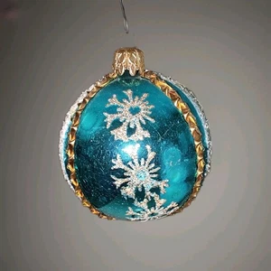 West Germany Vintage Aqua Blue Glass Mica Christmas Ball Ornament Gold Trim - Picture 1 of 5