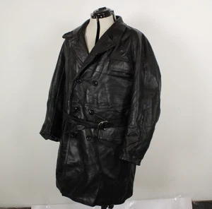 Vintage French Hide Leather Car Coat Mens Fitted Large Black 1960s Button Wool - Picture 1 of 15