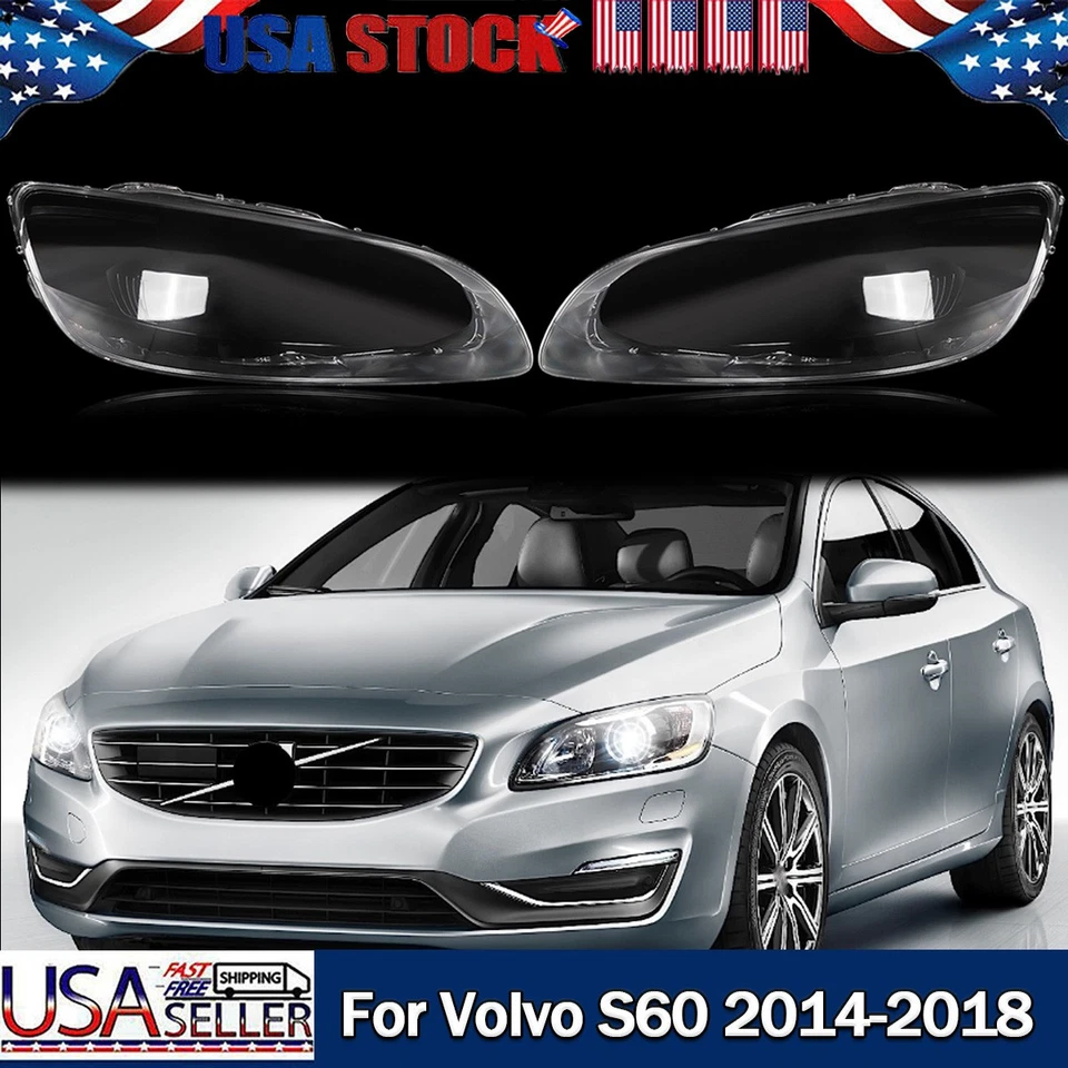 Fit Volvo S60 2014-2018 Pair Front Headlight Lampshade Lens Cover Shell - Image 1 of 4