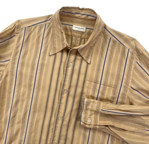Dries Van Noten Shirt Mens Large EU 50 Tan Beige Blue Stripe Button Designer - Picture 1 of 17