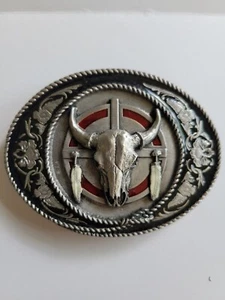 Vintage New 1991 Siskiyou Buckle Co. 3D Pewter Cow Skull Feathers - Picture 1 of 2
