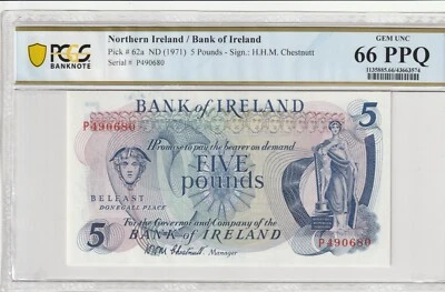 Northern Ireland 1971 5 Pounds PCGS Certified Banknote UNC 66 Gem PPQ Pick 62a - Image 1 of 2