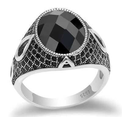 Anello Argento 925 Chevalier Turco Uomo Sigillo Lucifer Pietra Nera Stile vintag - Immagine 1 di 4