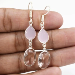  925 Silver Morganite & Rose Quartz Oval Shape Silver/Gold/Rose Plated Earrings - Picture 1 of 11