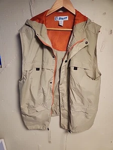 Vintage Utility Four Pocket Outdoors Tan Zip Up Hooded Vest Jacket Large Mens - Picture 1 of 5