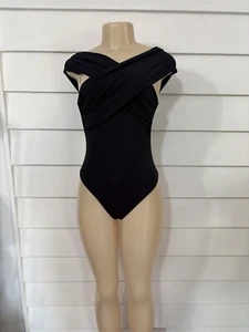 New ZARA Woman Black Off Shoulder bodysuit ruched fabric Waist 26" size S Y949 - Picture 1 of 11