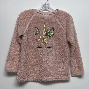 btween | Girls Sz 14 |Pink Sequined Unicorn Faux Sherpa Holly Berry Top Sweater - Picture 1 of 9
