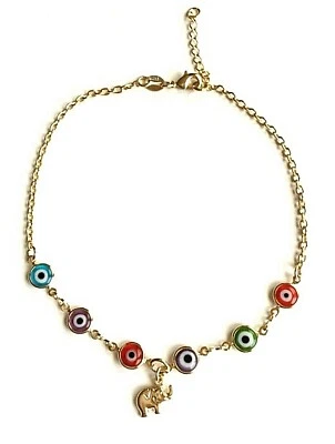 Tornozeleira Evil Eye multicolorida cheia de ouro 18K 9,5" a 10,5"/TOBILLERA OJO - Imagem 1 de 4