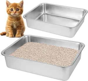 2 Pack Stainless Steel Cat Litter Box(17.5" L X 13.6" W X 4.1" H) for Big Cats - Picture 1 of 8