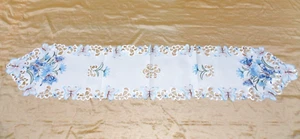 Butterfly Flowers Embroidered Table Runner Blue White Polyester 69" x 13"- 33639 - Picture 1 of 9
