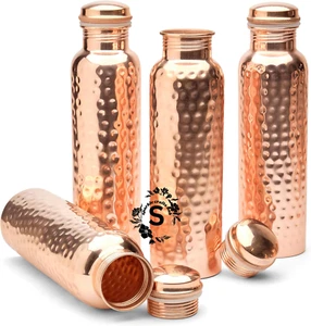 Pack of 4 Pure Copper Water Bottle, Antique Hammered Finish Copper Drinkware Set - Picture 1 of 9