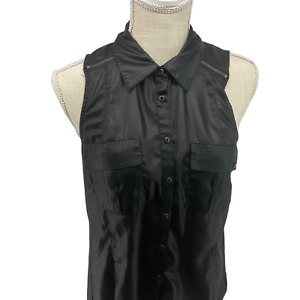 Guess Los Angeles Womans Black Sleeveless Shirt Size Small Button Down