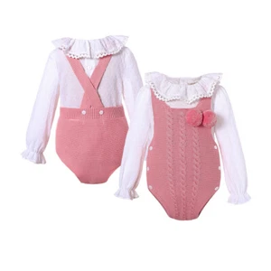 Infant Baby Girls Knitted Dark Pink Sweater Romper w/ White Shirt Outfit 3-18M - Picture 1 of 10