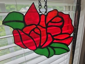 Stained Glass Suncatcher Handmade Irridescent Red Rose 8" × 7" - Picture 1 of 3
