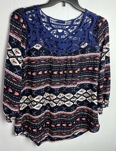 NWT Blu Pepper Blue Floral Lace Boho Top Sz 2XL Scoop Neck Long Sleeve Prairie - Picture 1 of 11