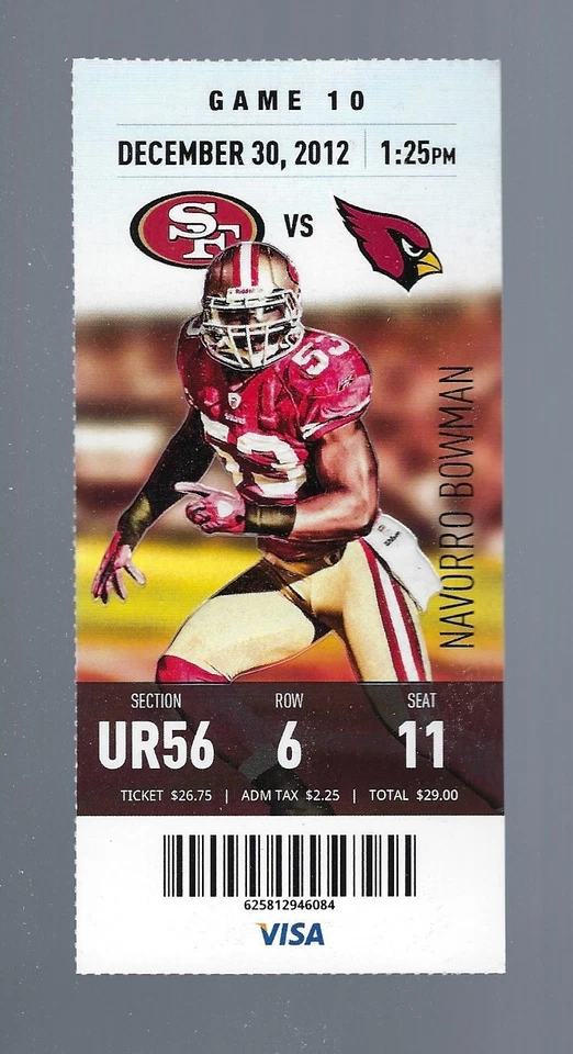 RANDY MOSS FINAL JUEGO TEMPORADA REGULAR - 2012 NFL CARDINALS @ SF 49ERS BOLETO COMPLETO Foto 1 de 1