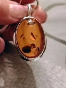 Vtg Baltic Amber Sterling Silver Pendant Necklace w/ Insect Inclusion 925 14.6g - Picture 1 of 19