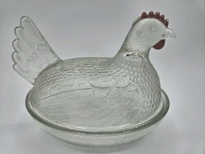 Piatto coperto vintage Indiana in vetro trasparente gallina su nido - Foto 1 di 8