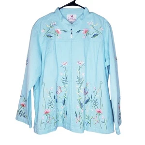 QUACKER FACTORY Zip Jacket 1X Turquoise Embroidered Floral Sequin Beaded Stretch - Picture 1 of 11