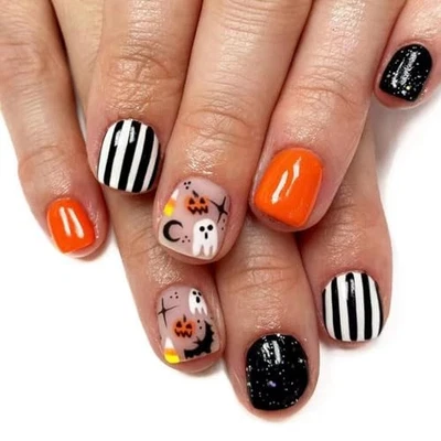 Unhas curtas quadradas Halloween Press on Nails - laranja unhas falsas preto design falso M6 - Imagem 1 de 4