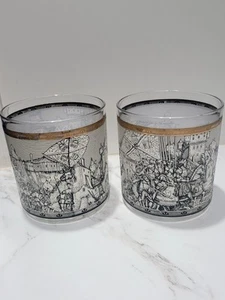 Vintage Cera Medieval Black White Gold Lowball Tumblers Barware 10 Oz. Set Of 2 - Picture 1 of 16