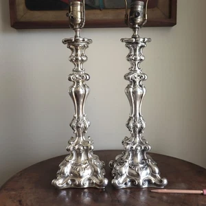 Pair Table Lamp Solid Sterling Silver Candlestick Repousse Rococo Colonial Vtg - Picture 1 of 24