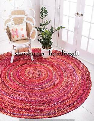 Braided Round Multi Red Cotton Rug Hand Woven Area Rugs Beautiful Home Decor RUG - Image 1 of 4