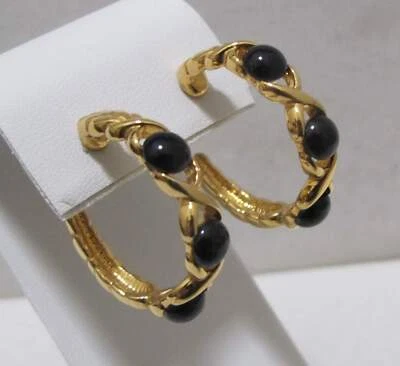 Pendientes de aro tejidos tono dorado negro Lucita cabujón XO perforados 1" Foto 1 de 4