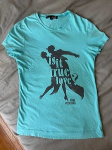 LOVE MOSCHINO men L Turquoise graphic cotton blend T-shirt ' IS IT TRUE LOVE ' - Picture 1 of 6
