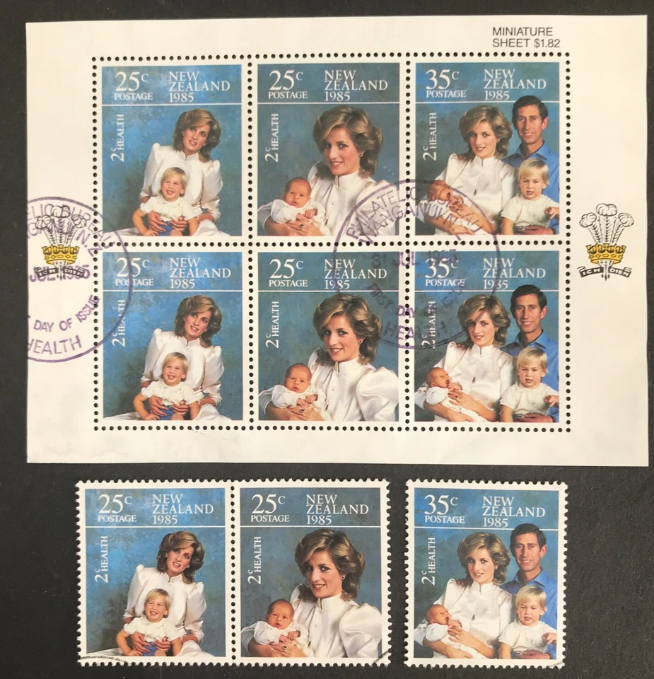 New Zealand 1985 Health "Princess Di & Family" FDI Mini Sheet + 3 Used Stamps - Image 1 of 1