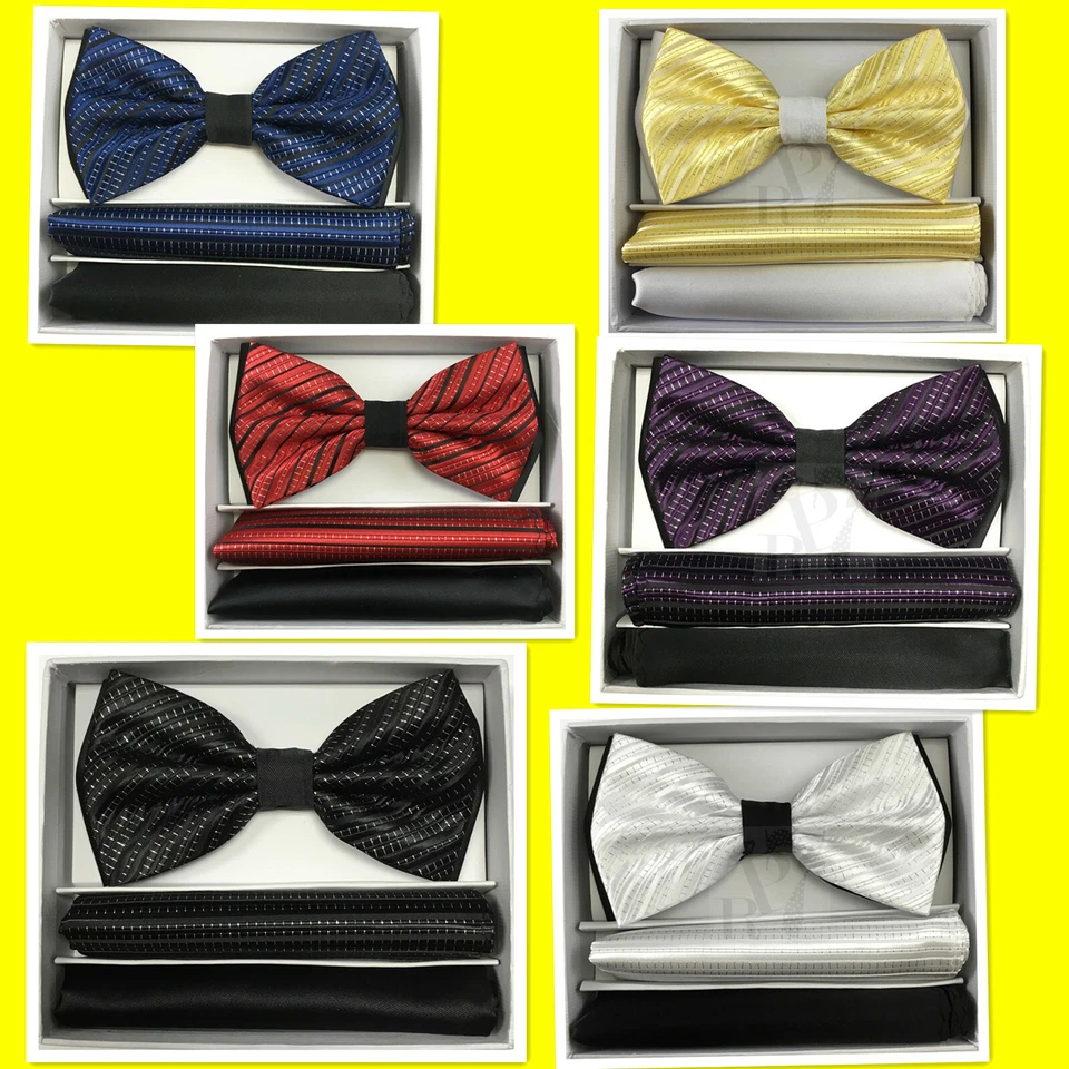 Pajarita de dos tonos lisa y rayas para hombre con dos bolsillos cuadrados pañuelos fiesta de graduación Foto 1 de 1