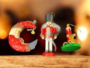 3 Vintage Christmas Ornaments Mouse/Candle Nutcracker Santa Moon - Picture 1 of 8
