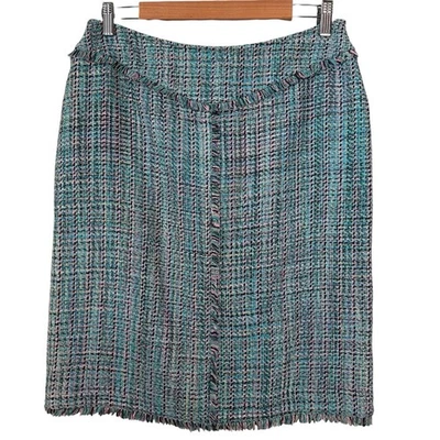 Doncaster VTG Blue Pink Silk Blend Tweed Fringed Straight Skirt Size 10 Preppy - Image 1 of 4