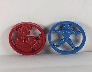 2 1965 Premium Cracker Jack Oval Roller Prize Clown Muscle Man Toy - Picture 1 of 4