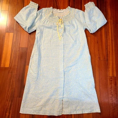 Vintage Miss Elaine Petite House Dress Gown Blue Yellow Floral Pockets Cottage   - Image 1 of 4