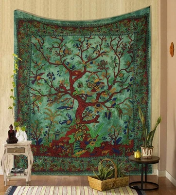 Green Cotton Tapestry Wall Hanging Decor Bedspread Picnic Sheet Blanket - Image 1 of 4